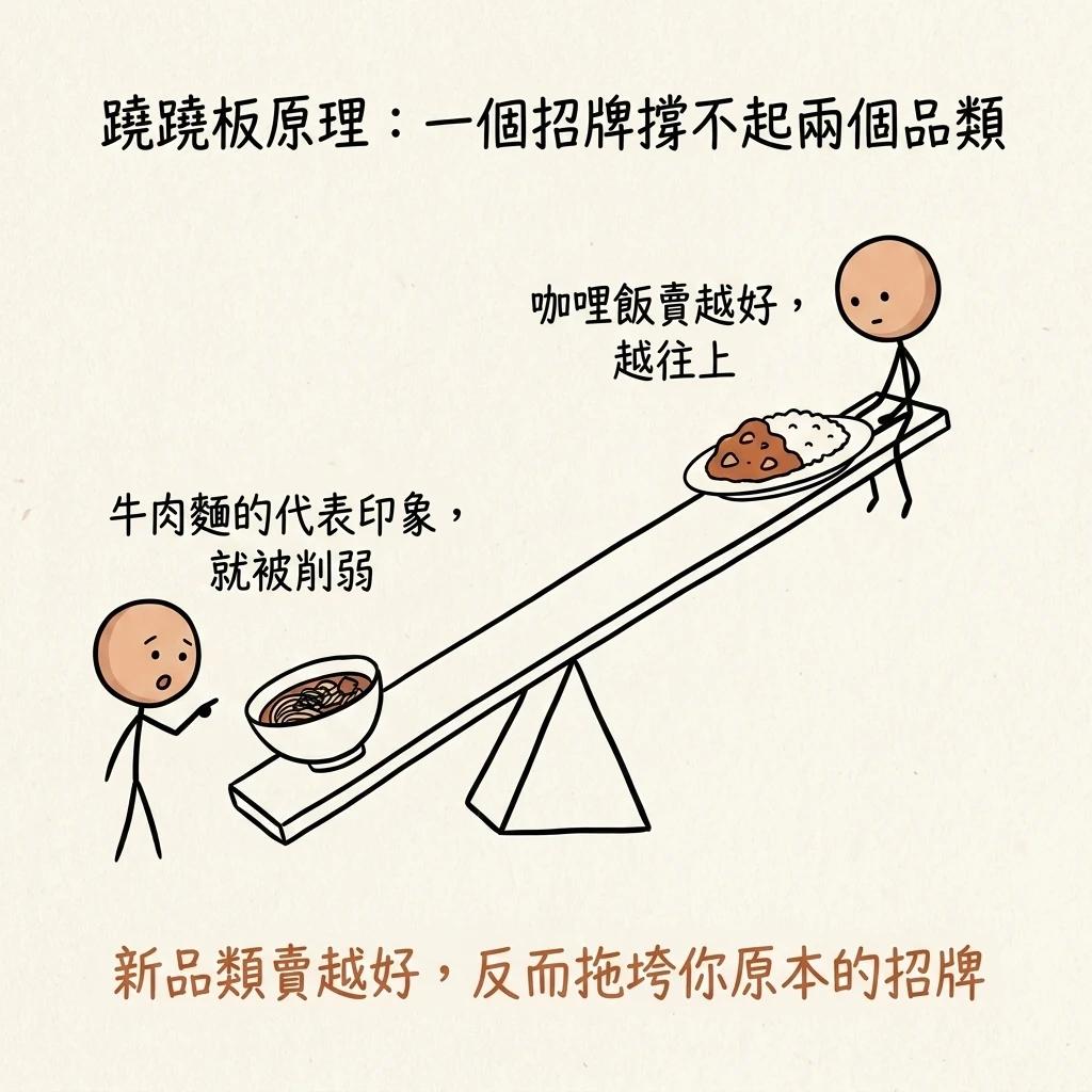 蹺蹺板原理一個招牌撐不起兩個品類:咖哩飯賣越好越往上,牛肉麵的代表印象就被削弱,新品類賣越好反而拖垮你原本的招牌