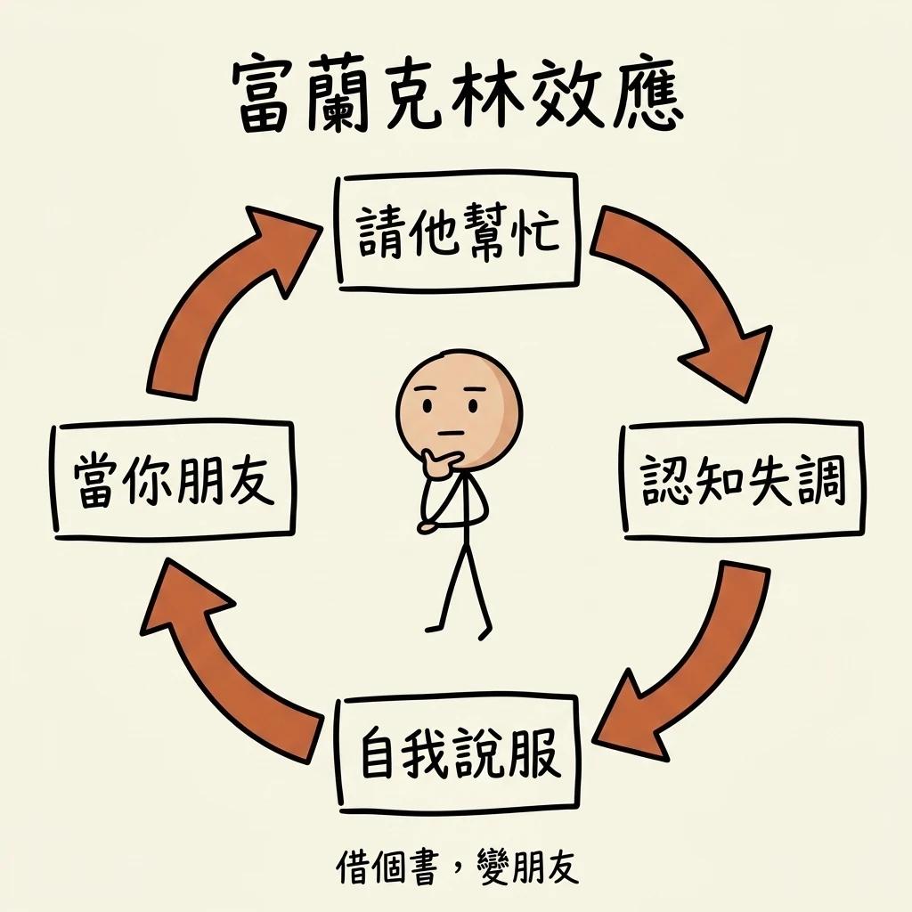 富蘭克林效應閉環:請他幫忙→認知失調→自我說服→當你朋友