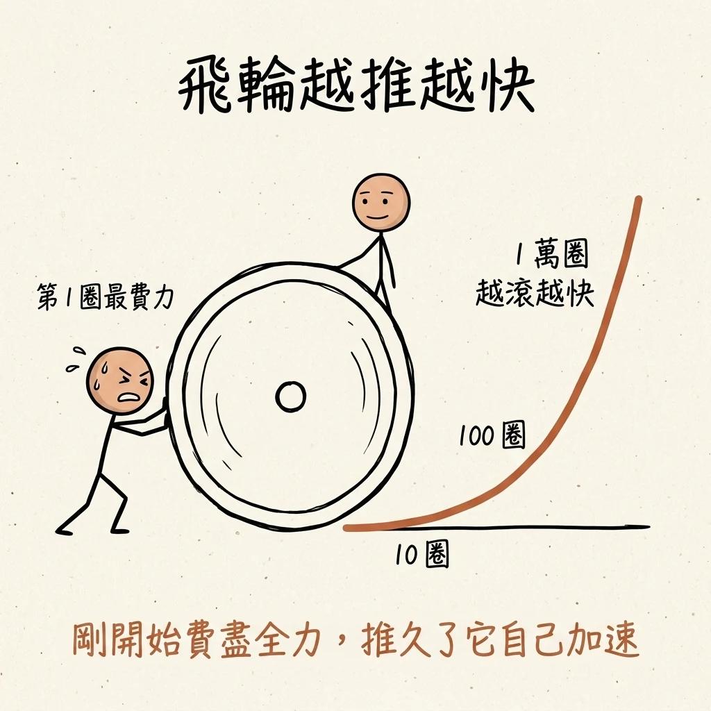 飛輪的複利效應:剛開始推很慢很費力,推過上萬圈後動能累積,越轉越快