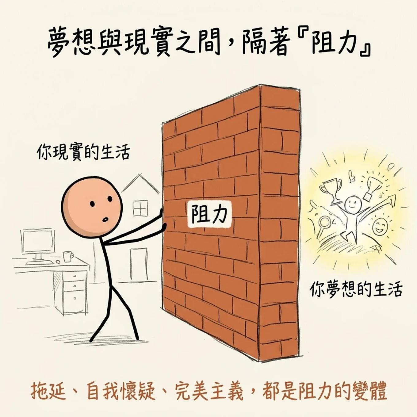 夢想與現實之間隔著阻力：你現實的生活與你夢想的生活中間隔著一道阻力高牆，拖延自我懷疑完美主義都是阻力的變體