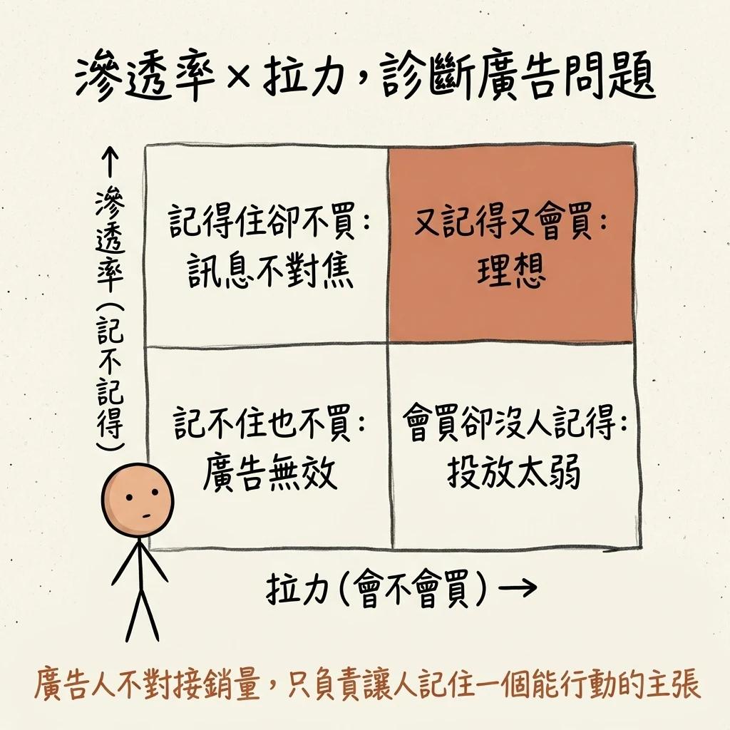 滲透率乘以拉力診斷廣告問題:記得住卻不買是訊息不對焦又記得又會買是理想記不住也不買是廣告無效會買卻沒人記得是投放太弱,廣告人不對接銷量只負責讓人記住一個能行動的主張