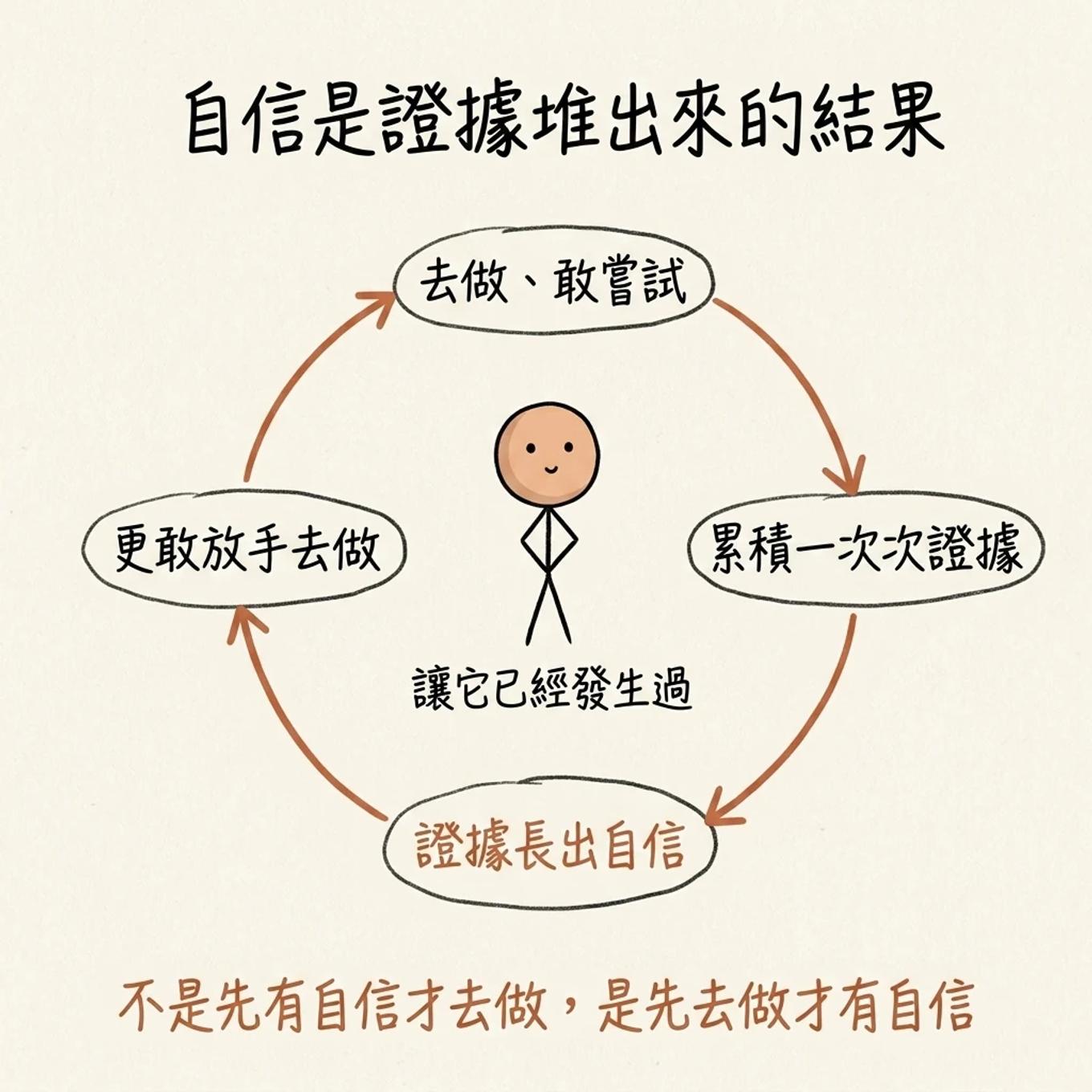 自信是證據堆出來的閉環：去做敢嘗試、累積一次次證據、證據長出自信、更敢放手去做，不是先有自信才去做而是先去做才有自信