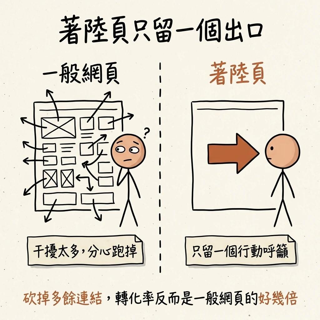 著陸頁只留一個出口:一般網頁干擾多讓人分心跑掉,著陸頁砍掉多餘連結只留一個行動呼籲