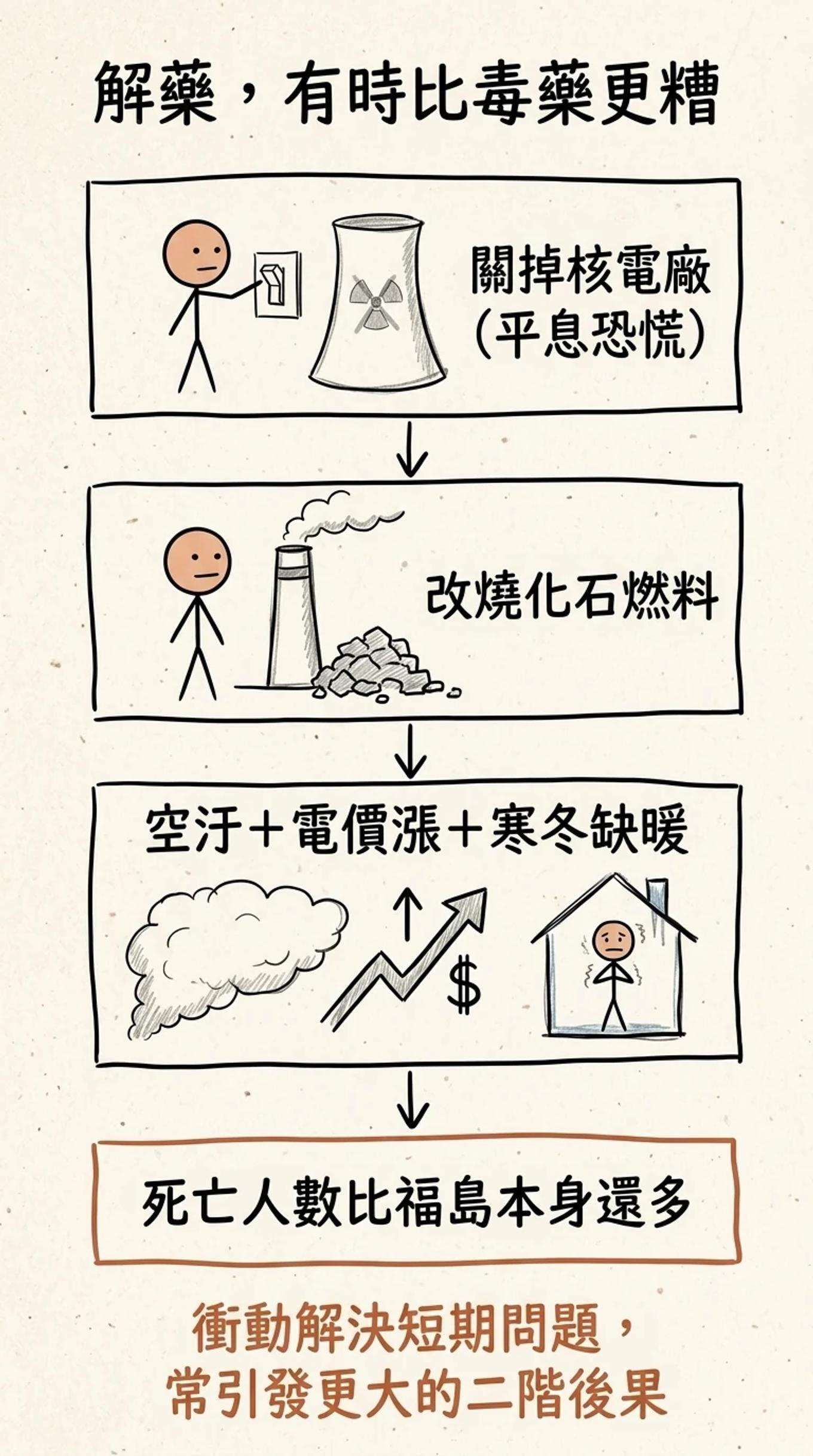 解藥有時比毒藥更糟的二階效應鏈：關掉核電廠平息恐慌、改燒化石燃料、空汙加電價漲加寒冬缺暖、死亡人數比福島本身還多，衝動解決短期問題常引發更大的二階後果