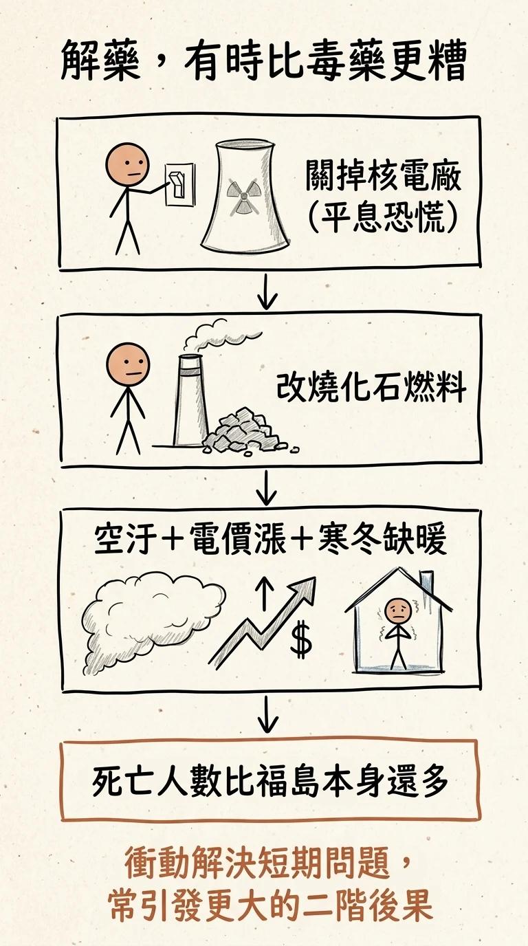 解藥有時比毒藥更糟的二階效應鏈:關掉核電廠平息恐慌、改燒化石燃料、空汙加電價漲加寒冬缺暖、死亡人數比福島本身還多,衝動解決短期問題常引發更大的二階後果