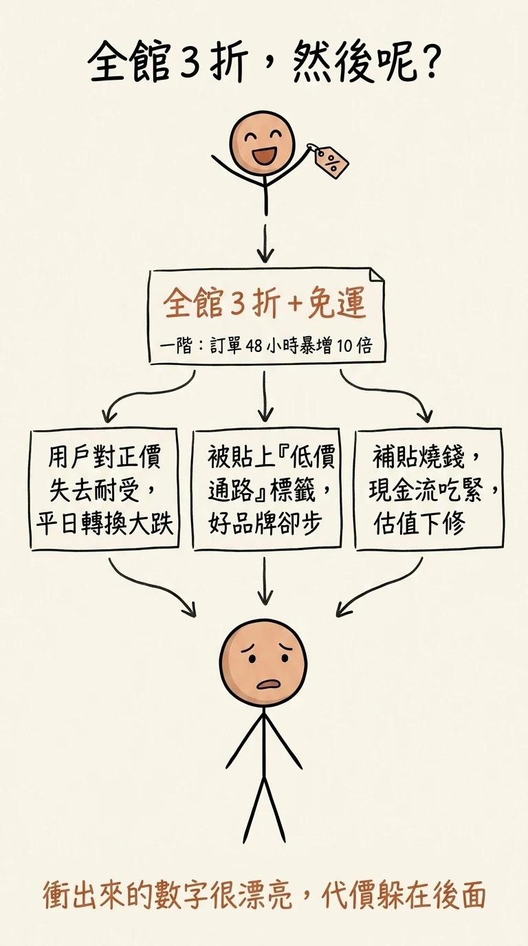 電商全館三折的二階效應:訂單暴增是一階,但用戶失去正價耐受、被貼低價標籤、現金流吃緊估值下修