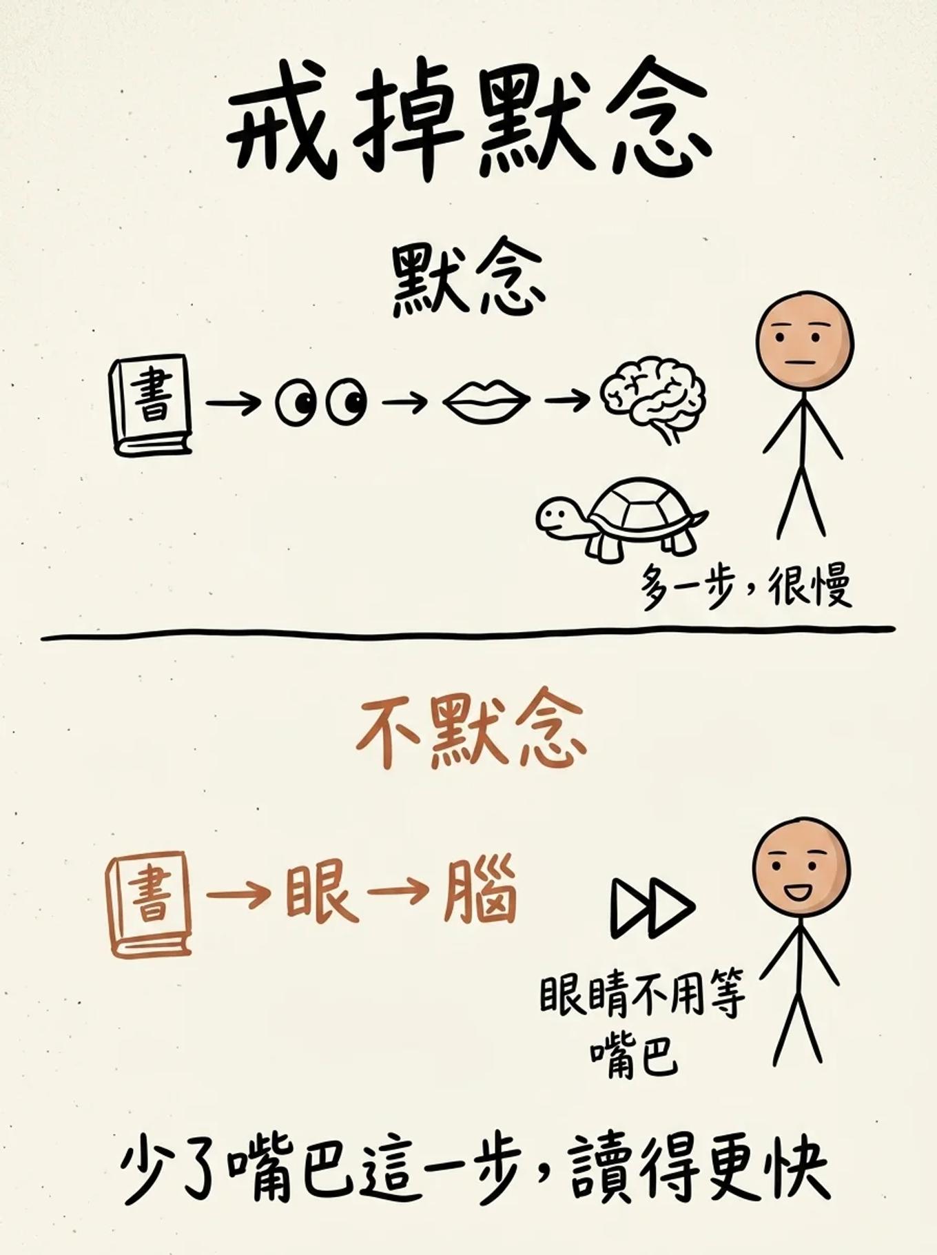 默念拖慢閱讀：書到眼到口到腦多一步很慢，戒掉默念變成書到眼到腦，眼睛不用等嘴巴