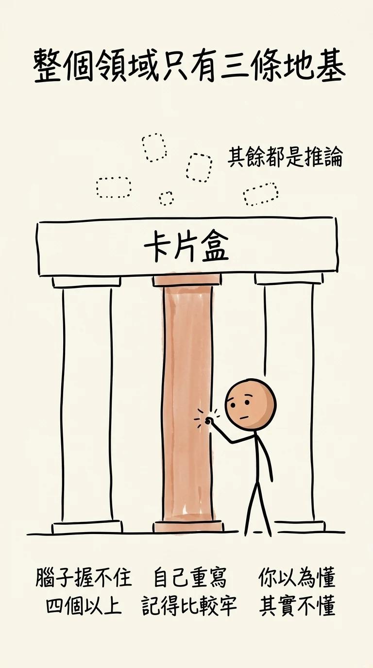 整個領域只有三條地基:腦子握不住四個以上的組塊、自己重寫記得比較牢、你以為懂其實不懂;撐在上面的其餘說法都是推論