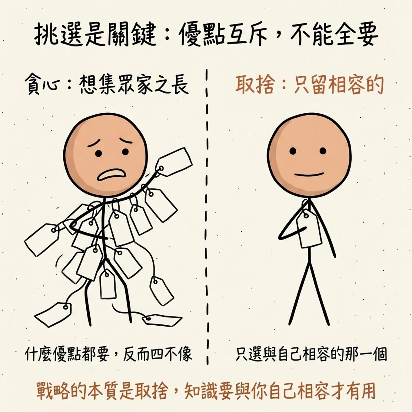 挑選是關鍵優點互斥不能全要：貪心想集眾家之長什麼優點都要反而四不像，取捨只留與自己相容的那一個，戰略的本質是取捨知識要與你自己相容才有用