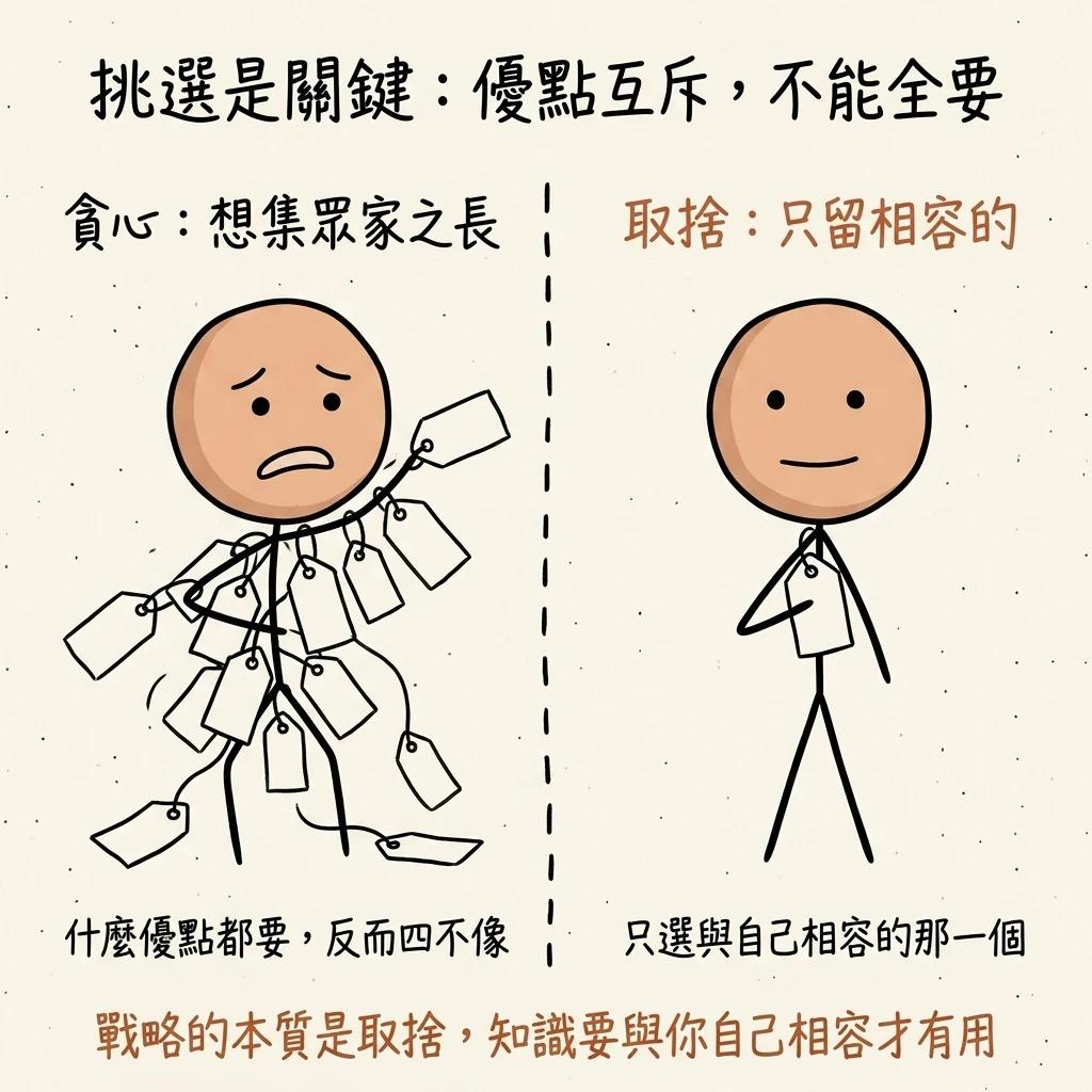 挑選是關鍵優點互斥不能全要:貪心想集眾家之長什麼優點都要反而四不像,取捨只留與自己相容的那一個,戰略的本質是取捨知識要與你自己相容才有用