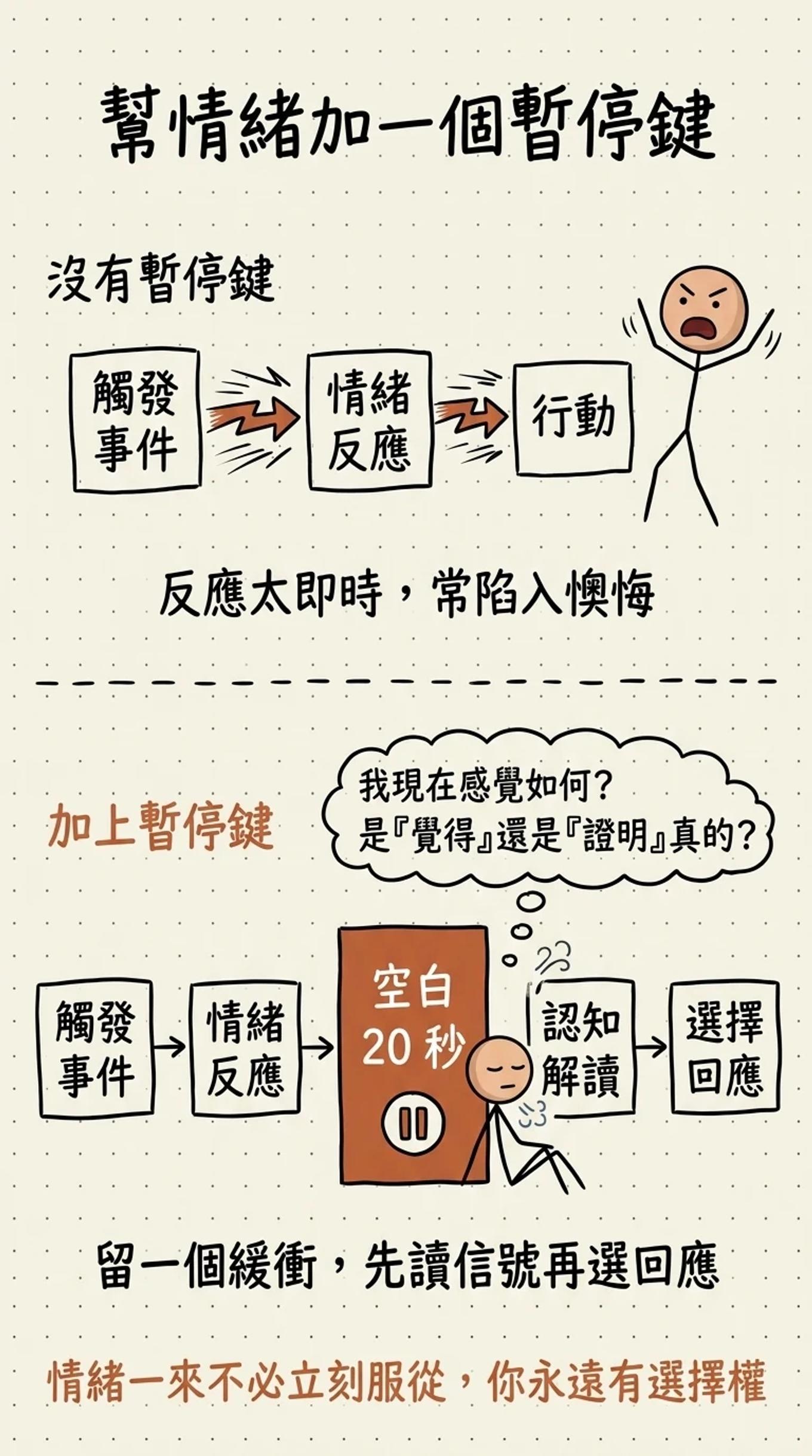 幫情緒加一個暫停鍵：在情緒反應和認知解讀之間插入二十秒空白，先讀信號再選回應