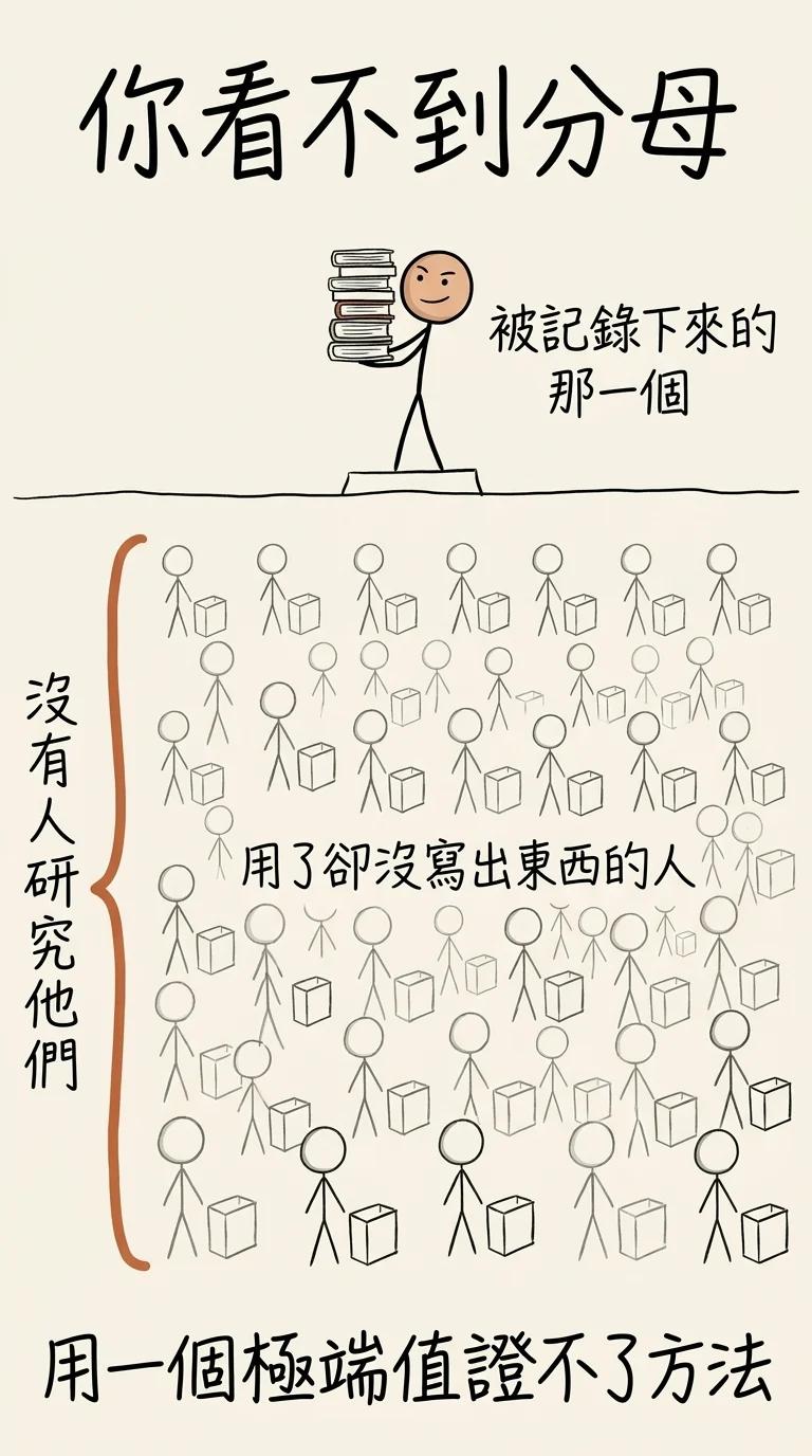 你看不到分母:被記錄下來的只有產出驚人的那一個,水面下用了卻沒寫出東西的人沒有人研究,用一個極端值證不了方法有效