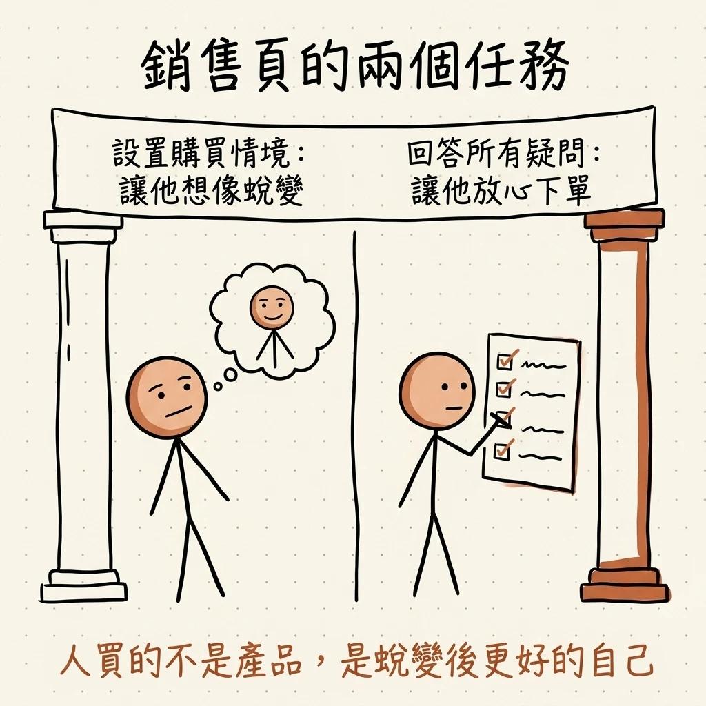 銷售頁的兩個任務:設置購買情境讓他想像蛻變、回答所有疑問讓他放心下單,人買的不是產品是蛻變後更好的自己