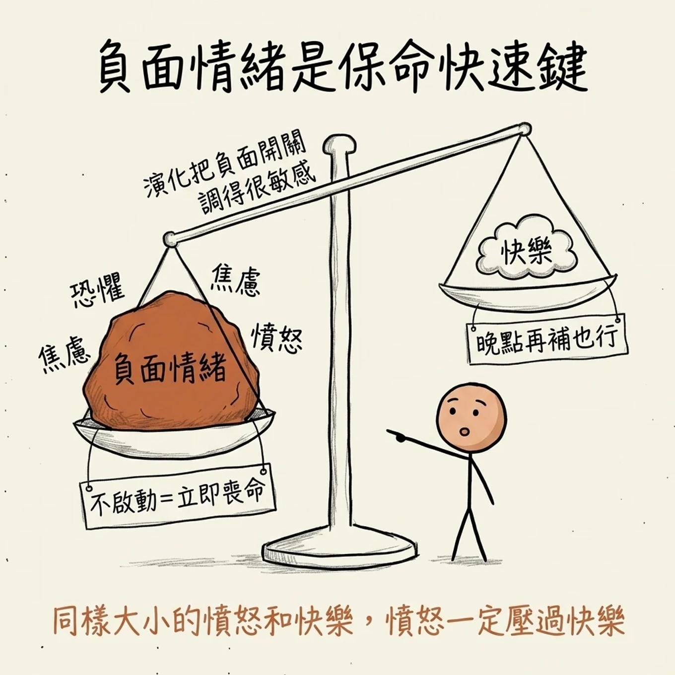 負面情緒是保命快速鍵：天平上負面情緒遠重於快樂，演化把負面開關調得很敏感