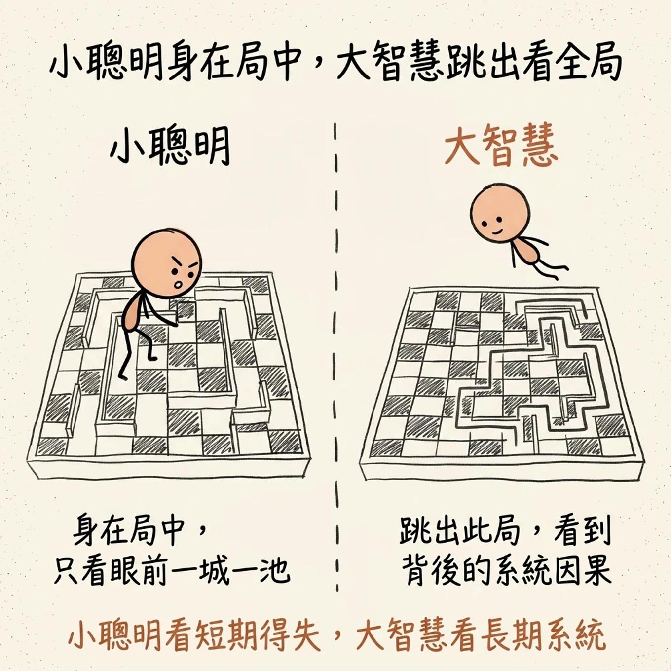 小聰明身在局中大智慧跳出看全局：小聰明困在棋盤裡只看眼前一城一池，大智慧飄在上方俯瞰整個棋局看到背後的系統因果，小聰明看短期得失大智慧看長期系統