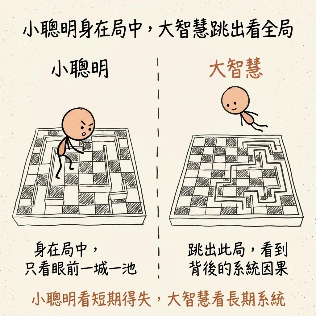 小聰明身在局中大智慧跳出看全局:小聰明困在棋盤裡只看眼前一城一池,大智慧飄在上方俯瞰整個棋局看到背後的系統因果,小聰明看短期得失大智慧看長期系統