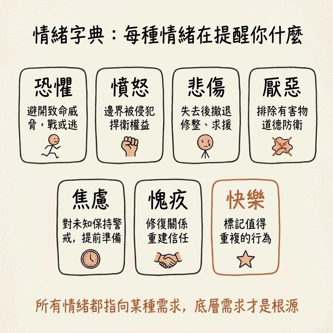 情緒字典：恐懼、憤怒、悲傷、厭惡、焦慮、愧疚、快樂，各自在提醒你什麼需求