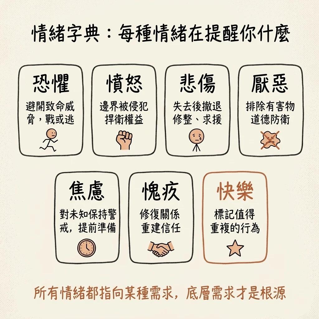 情緒字典:恐懼、憤怒、悲傷、厭惡、焦慮、愧疚、快樂,各自在提醒你什麼需求