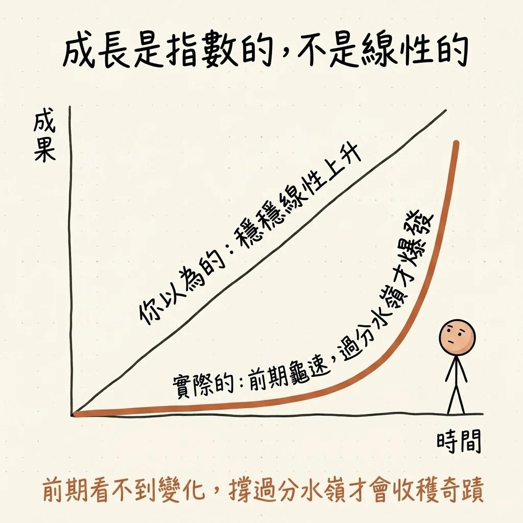 成長是指數的不是線性的折線圖:你以為的是穩穩線性上升,實際的是前期龜速貼地過了分水嶺才爆發,前期看不到變化撐過分水嶺才會收穫奇蹟