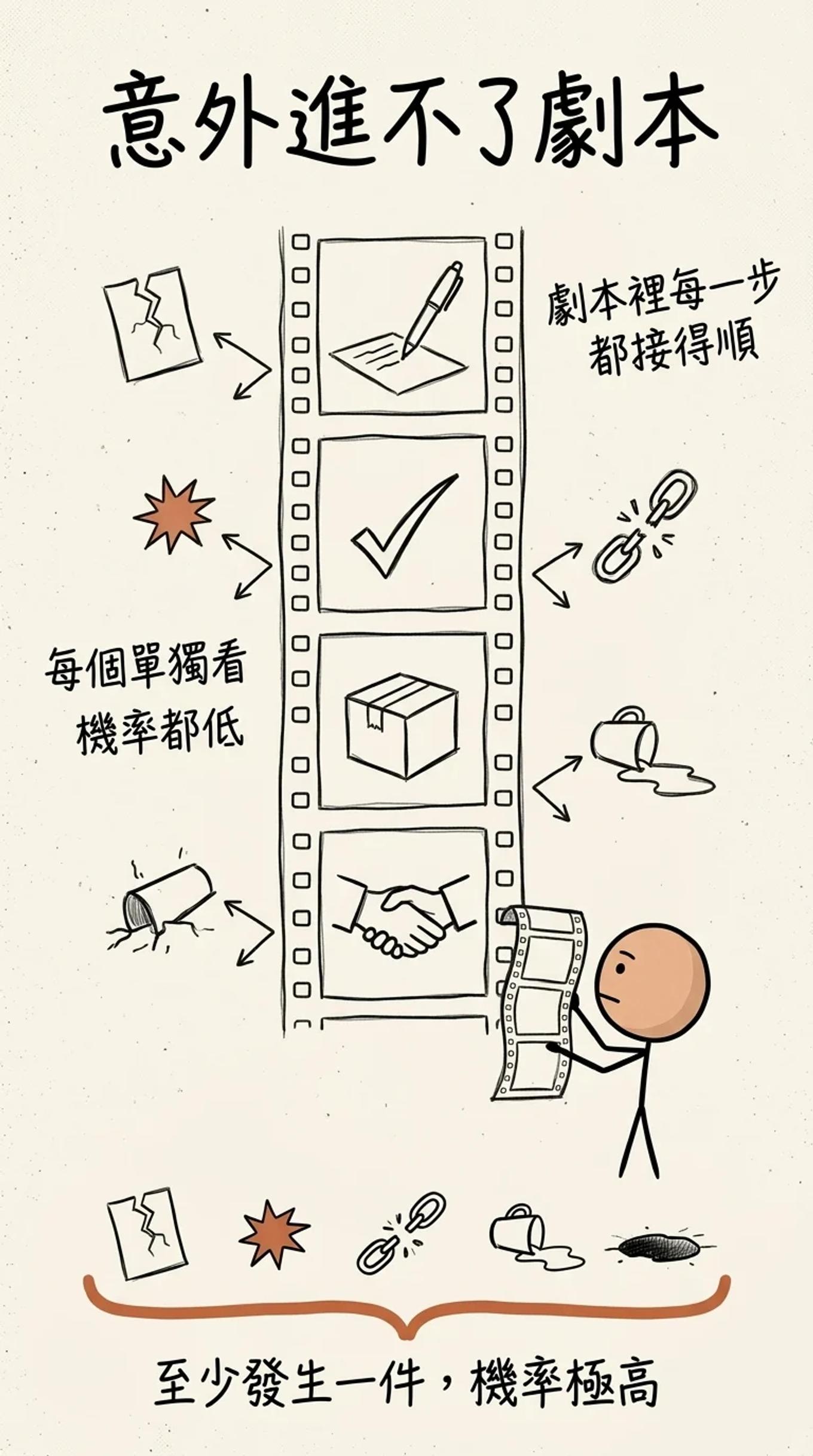 意外進不了劇本:劇本裡每一步都接得順,各種意外每個單獨看機率都低,但至少發生一件的機率極高