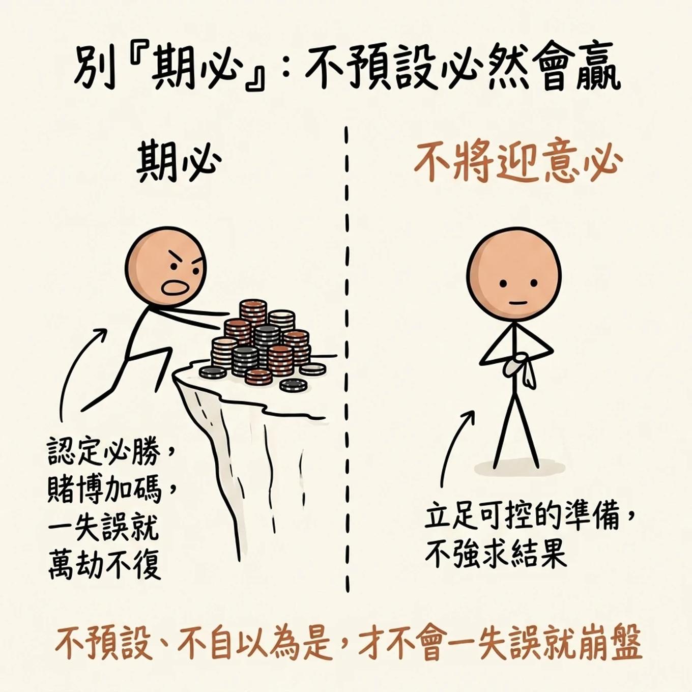 別期必不預設必然會贏：期必認定必勝賭博加碼一失誤就萬劫不復，不將迎意必立足可控的準備不強求結果，不預設不自以為是才不會一失誤就崩盤