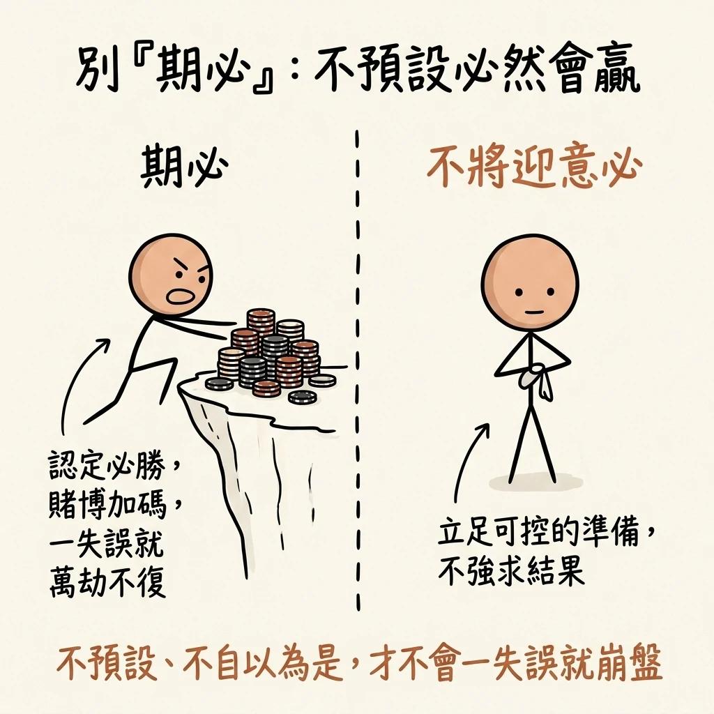 別期必不預設必然會贏:期必認定必勝賭博加碼一失誤就萬劫不復,不將迎意必立足可控的準備不強求結果,不預設不自以為是才不會一失誤就崩盤