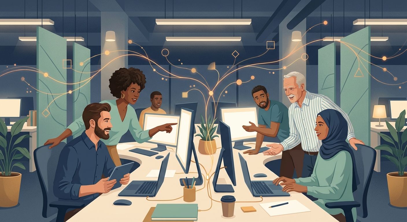 Engineering team collaborating and learning together while pairing at a shared workspace