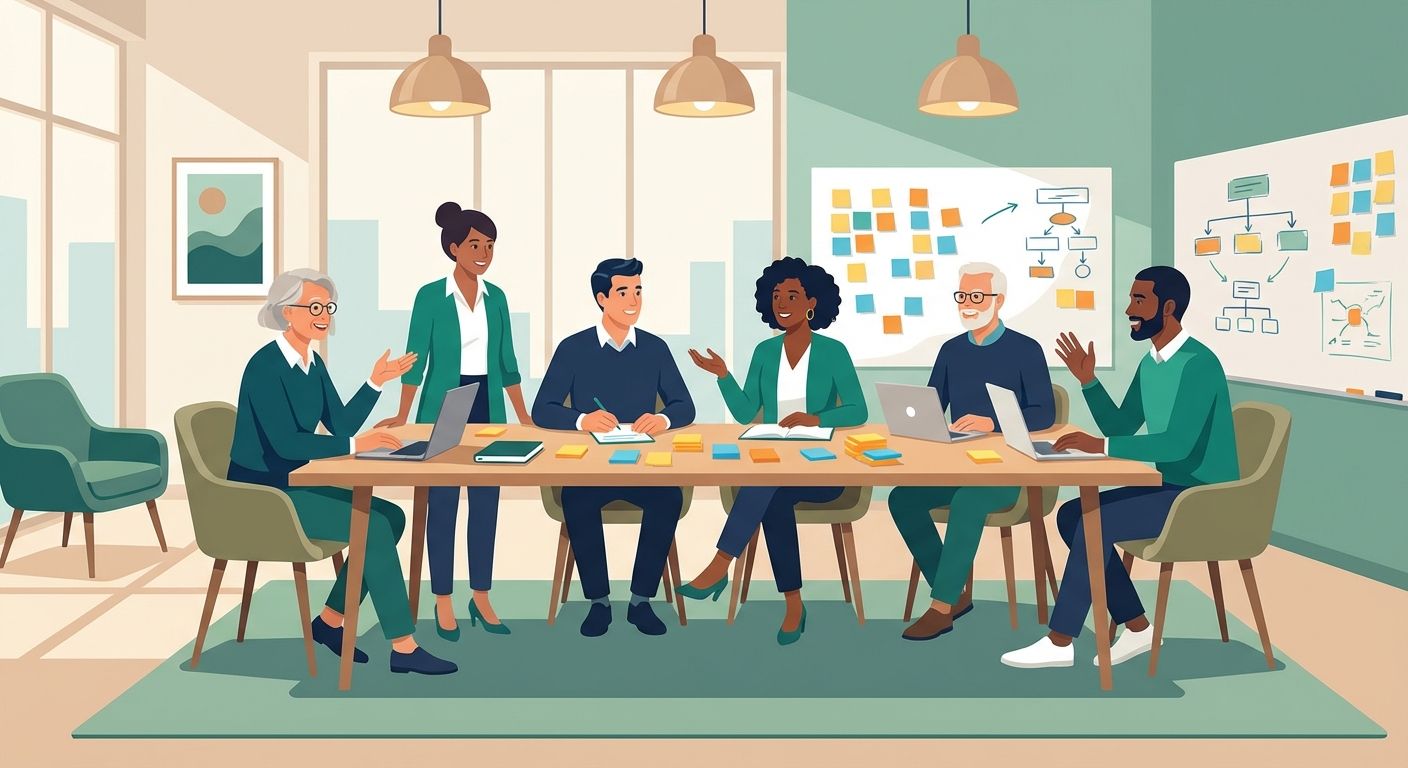 Team in a discovery workshop discussing software requirements with users