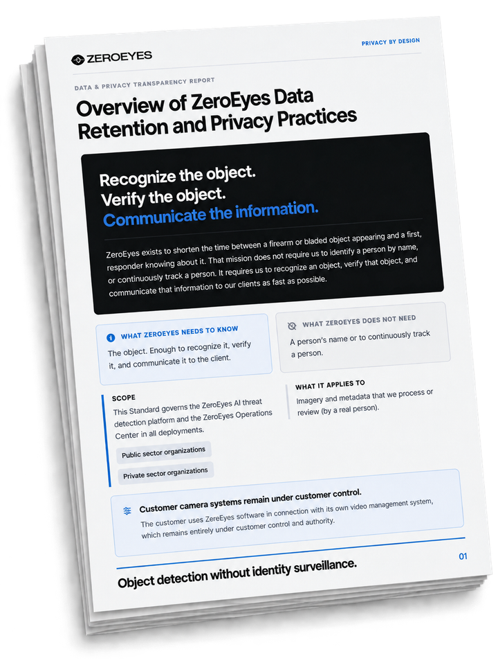 A report titled "Overview of ZeroEyes Data Retention and Privacy Practices" explaining object detection without identity surveillance.