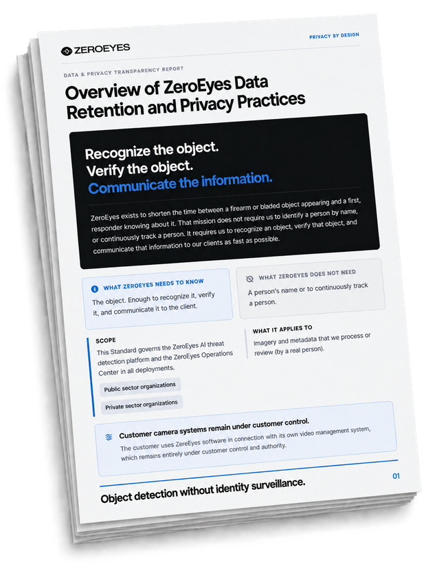 A report titled "Overview of ZeroEyes Data Retention and Privacy Practices" explaining object detection without identity surveillance.