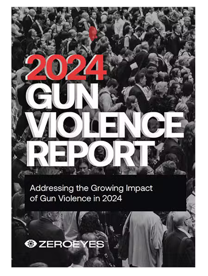 Cover for the "2024 Gun Violence Report" by ZEROEYES, featuring a black and white crowd and the subtitle "Addressing the Growing Impact of Gun Violence in 2024."