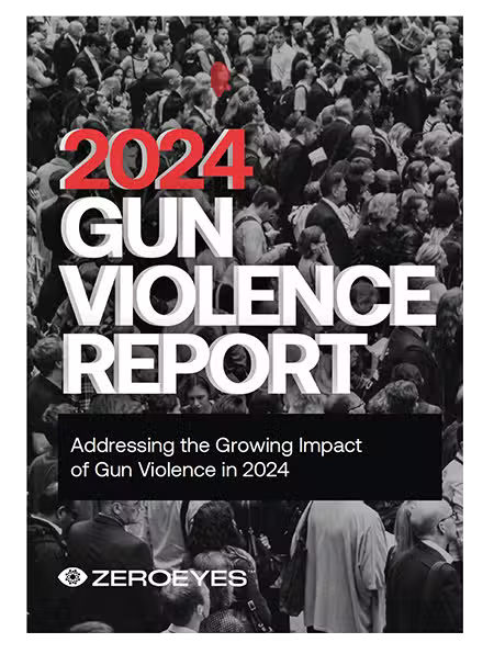 Cover for the "2024 Gun Violence Report" by ZEROEYES, featuring a black and white crowd and the subtitle "Addressing the Growing Impact of Gun Violence in 2024."