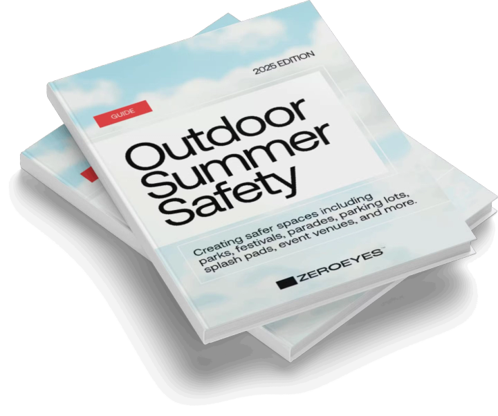 Stack of "Outdoor Summer Safety 2025 Edition" guides by ZEROEYES, about creating safer outdoor spaces.