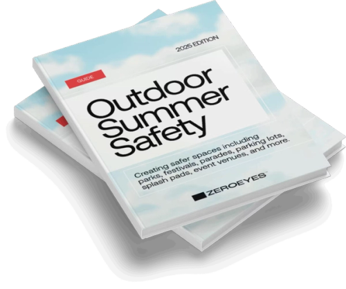 Stack of "Outdoor Summer Safety 2025 Edition" guides by ZEROEYES, about creating safer outdoor spaces.
