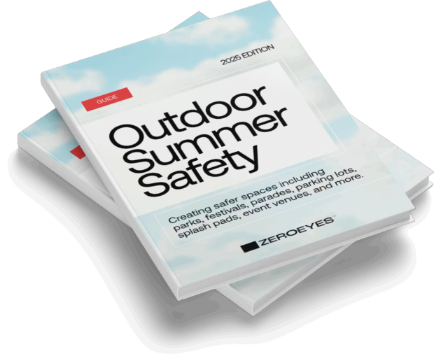Stack of "Outdoor Summer Safety 2025 Edition" guides by ZEROEYES, about creating safer outdoor spaces.