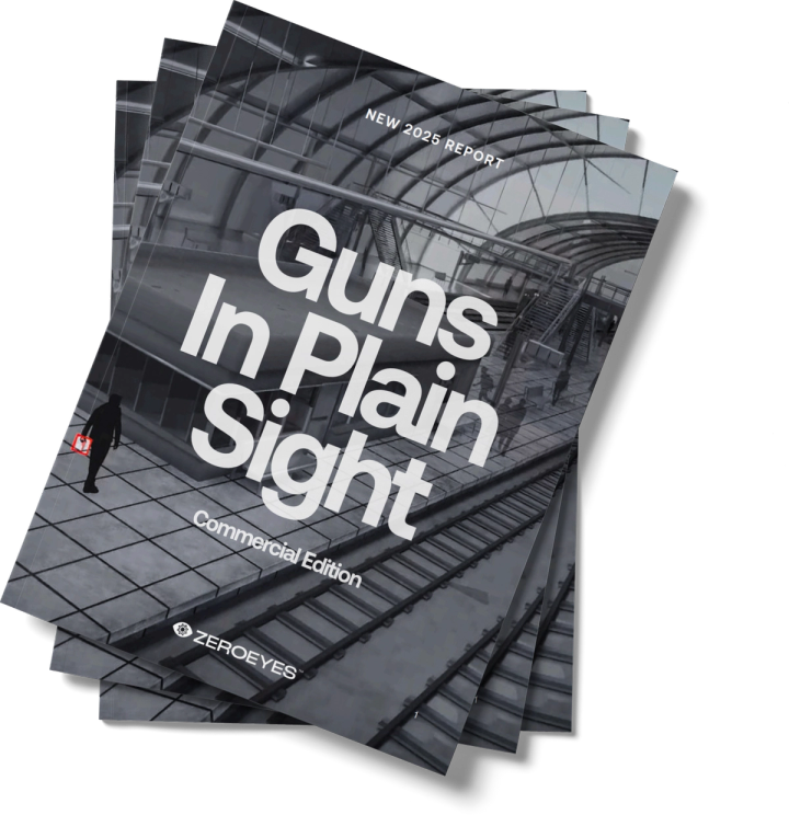 Stacked "Guns In Plain Sight, New 2025 Report" covers featuring a grayscale train station and a silhouette with a highlighted gun, by ZEROEYES.