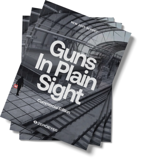 Stacked "Guns In Plain Sight, New 2025 Report" covers featuring a grayscale train station and a silhouette with a highlighted gun, by ZEROEYES.