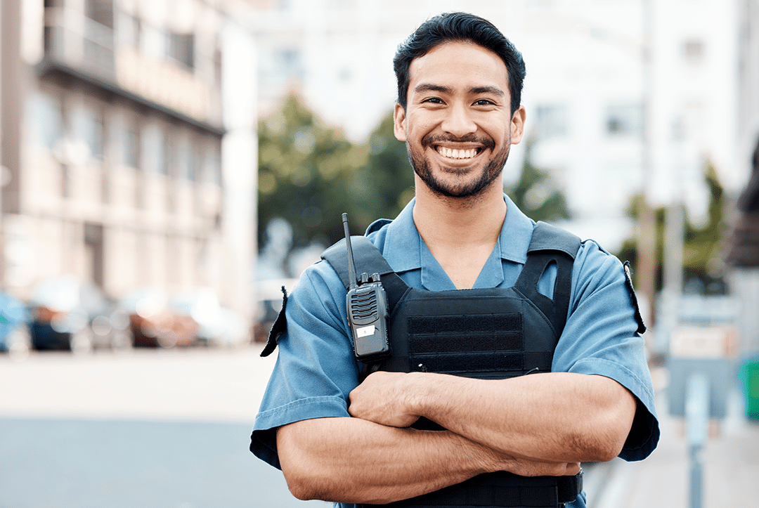 Happy security guard outdoors