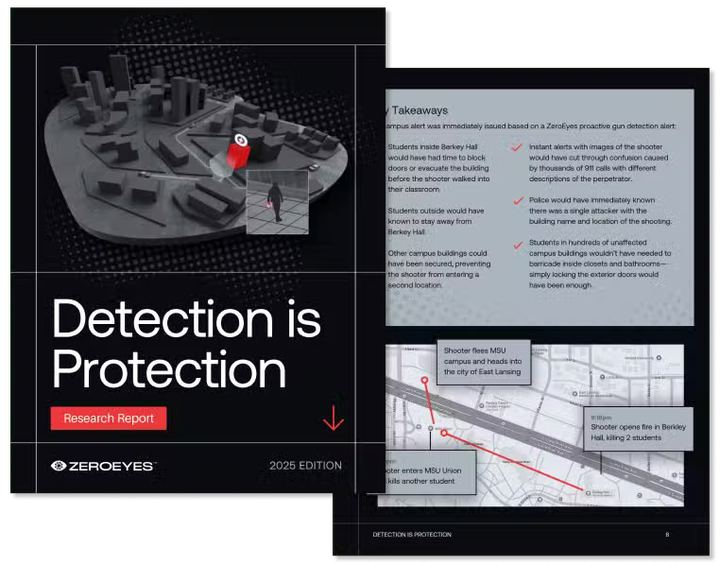 Zeroeyes "Detection is Protection" research report showing a 3D campus map with a shooter's path, text on incident takeaways, and a shooting timeline.