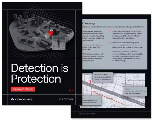 Zeroeyes "Detection is Protection" research report showing a 3D campus map with a shooter's path, text on incident takeaways, and a shooting timeline.