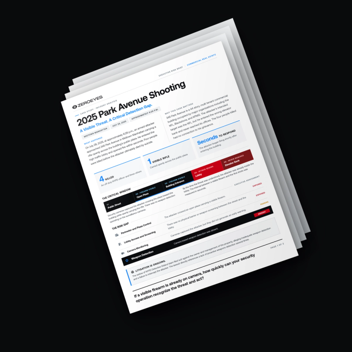 A stack of reports, with the top Zeroeyes document titled "2025 Park Avenue Shooting: A Visible Threat, A Critical Detection Gap," discussing a security incident.