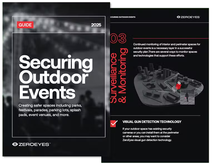 ZeroEyes guide titled "Securing Outdoor Events" discussing surveillance and visual gun detection technology.