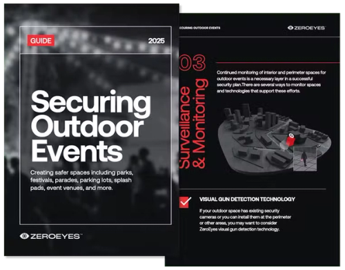 ZeroEyes guide titled "Securing Outdoor Events" discussing surveillance and visual gun detection technology.