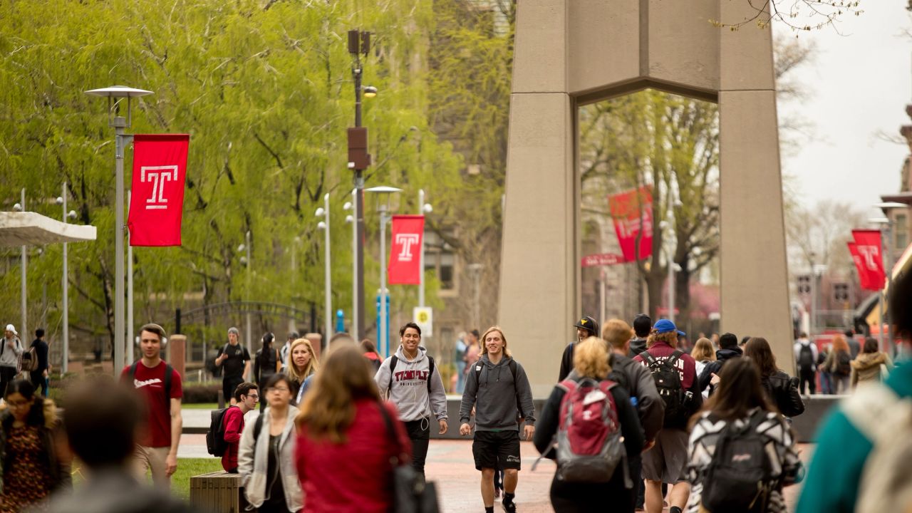 Busy university walkway where campus security cameras can support threat detection