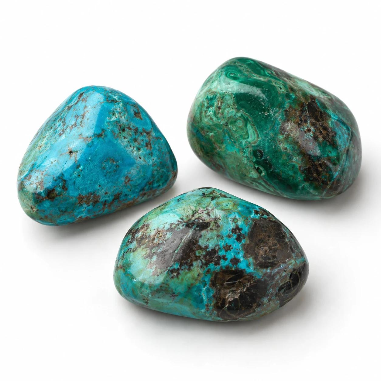 Verschillende exemplaren van Chrysocolla op een witte achtergrond