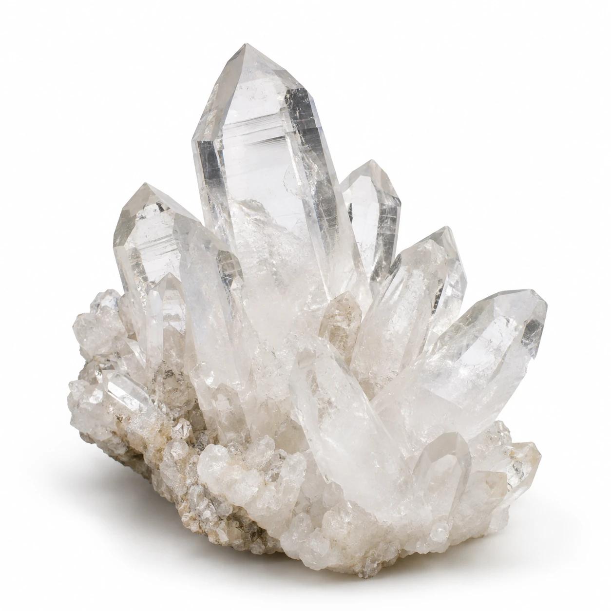 Kristalcluster van Bergkristal op een witte achtergrond