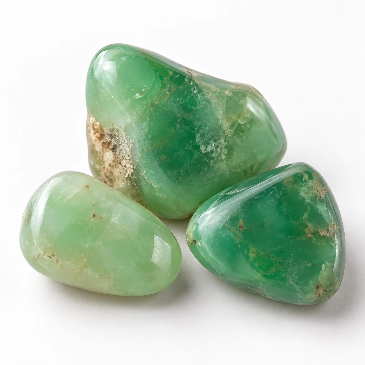 Verschillende exemplaren van Chrysopraas op een witte achtergrond