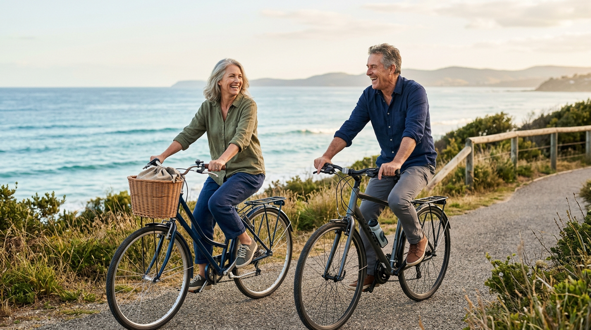 A couple in their fifties laughing while cycling together along a coastal path with the ocean behind them.