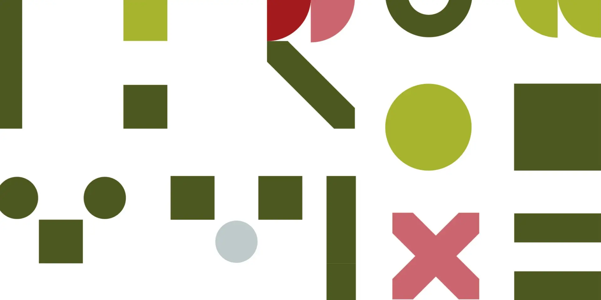 An abstract graphic banner featuring minimalist geometric shapes inspired by typography. The design includes circles, squares, rectangles, and an "X" scattered across a white background. The color palette is dominated by various shades of green (olive, moss, lime), accented with deep red, dusty rose, and a single light grey circle. The shapes appear to form fragments of stylized letters in a modern, deconstructed Bauhaus-like style.