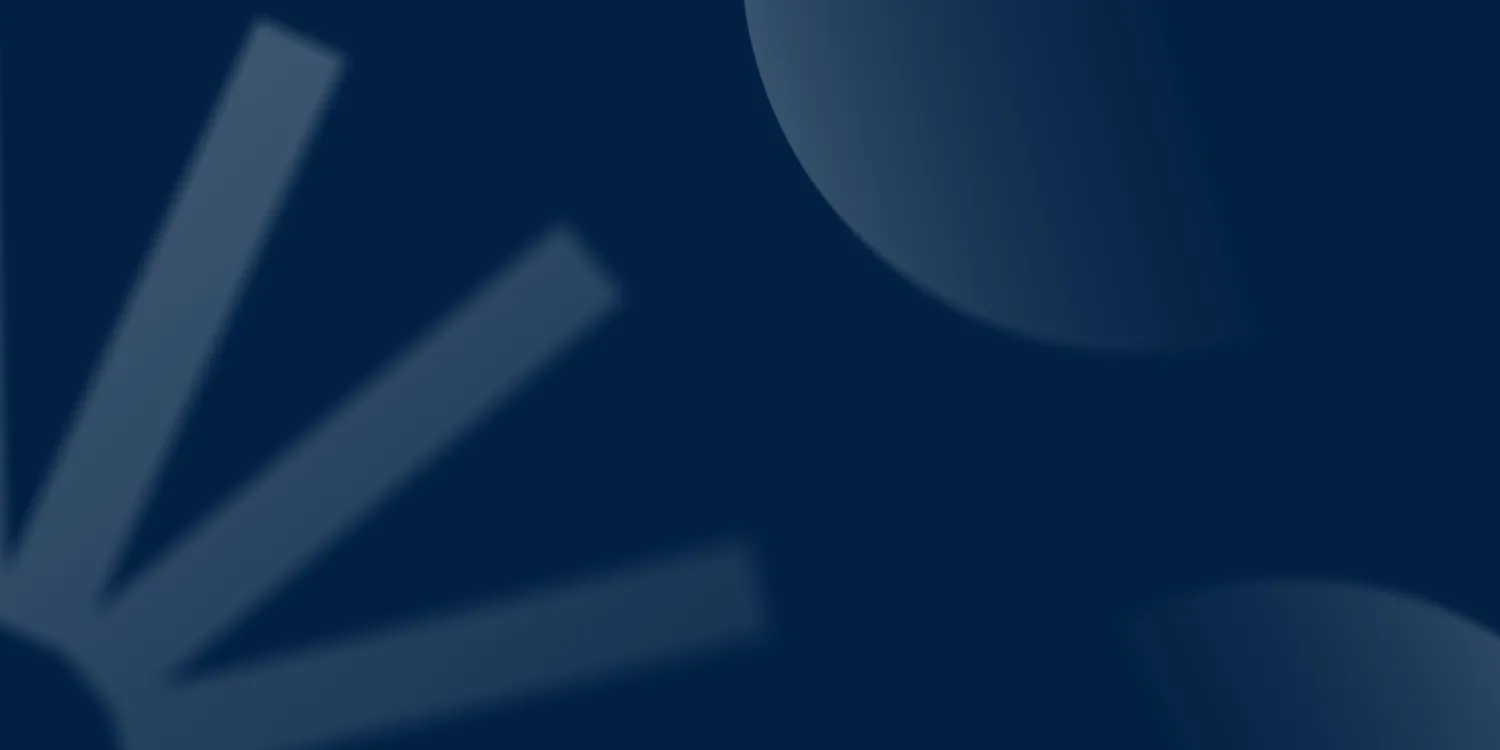 An abstract dark navy blue background. The composition features minimal, out-of-focus graphical elements: multiple light steel blue bars radiating outward from the bottom-left corner, and a large, soft-focus gradient semi-circular shape in the top-right corner, blending from dark blue to lighter blue.